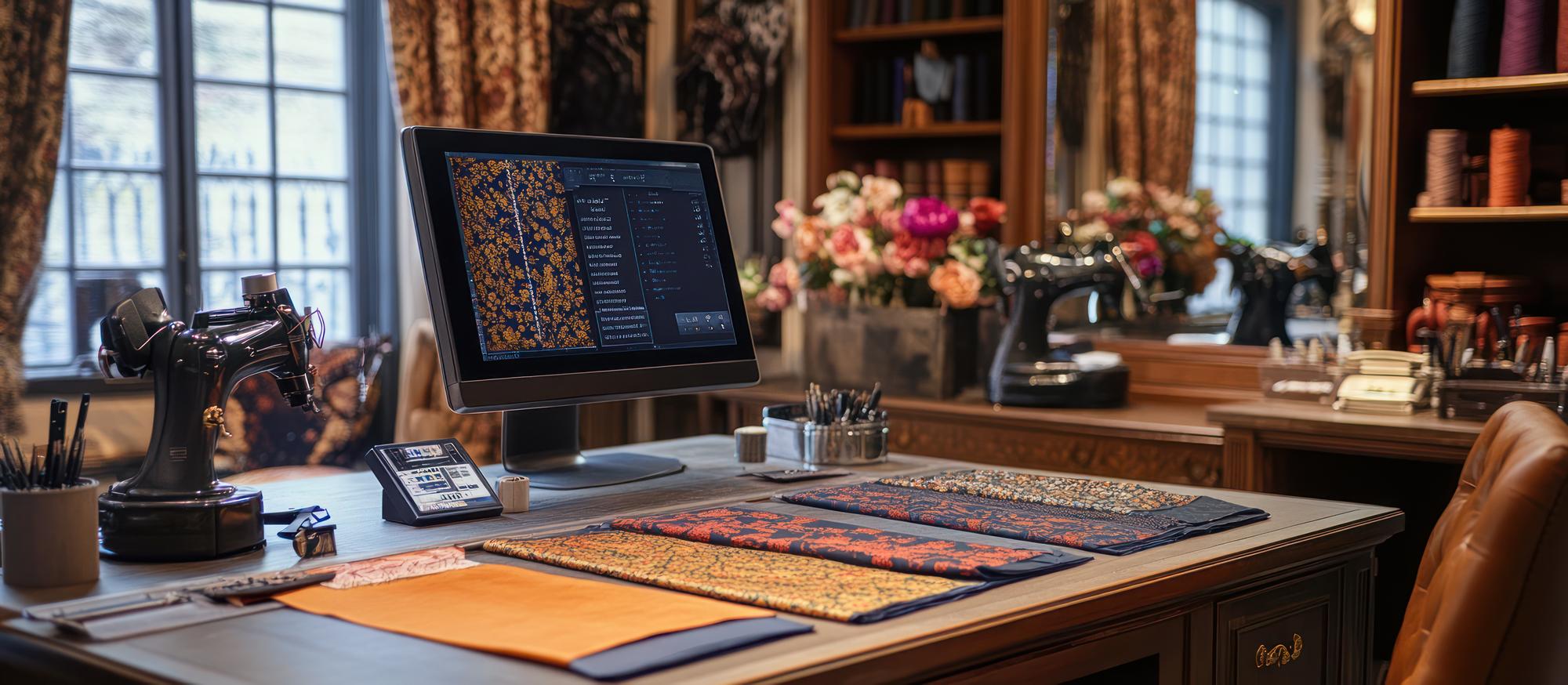 studio workspace with threads and computer